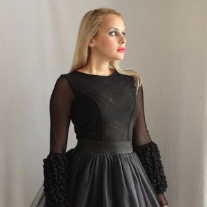 Black Tulle Wedding Dress: Long Sleeve Mesh, Plus Size Edwardian Goth