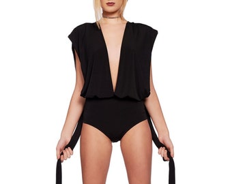 Black Multiway Bodysuit for Women – Sexy Fitted Leotard, Versatile Styling Top, Night Out & Clubwear Statement Outfit, Dance Wear