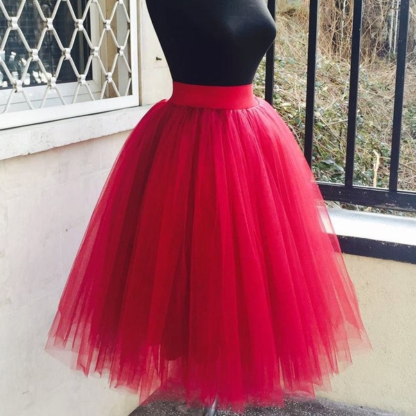 Midi Red Tulle Skirt for Women, Summer Knee Length Tutu Skirt, Wedding Tutu Skirt, Trendy Ball Tulle Skirt, Full Skirt Wedding Guess Skirt