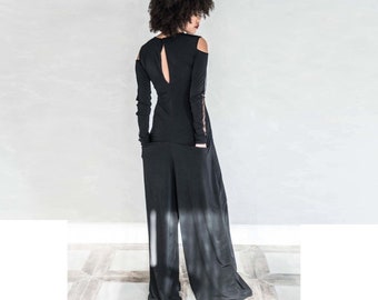 Womens Black Flowy Jumpsuit with Pockets, Baggy Wide Leg, Open Back Cold Shoulder Jumpsuit, Long Sleeve Elegant Wedding Guest Outfit