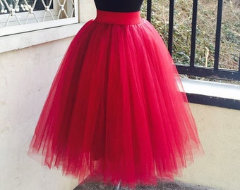 Roter Tüllrock für Frauen, handgemachter Midi Tutu, Herbsthochzeit Gast Outfit, Halloween-Kostüm Tüllrock, maßgefertigt, Hexenrock