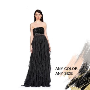 Black Tulle Maxi Skirt: Handmade Ruffled Evening Skirt