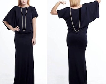 Vestido caftán largo de jersey negro: vestido maxi de talla grande