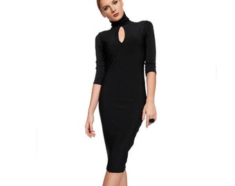 Vestido midi negro: vestido de cóctel de noche ajustado de jersey