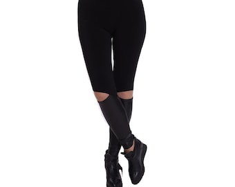 Black Cut Out Leggings for Women, High Waist Stretchy Leggings, Fashion Knee Cutout Pants, Street Style Activewear