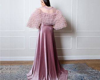 Ruffle Maternity Gown for Photoshoot, Dramatic Tulle and Velvet Empire Dress for Pregnancy Photos, Gender Reveal, Blush Pink Wedding Gown