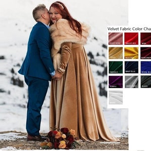 May include: A long-sleeved gold velvet dress with a floor-length skirt, paired with a beige faux fur stole. Beside the dress is a Velvet Fabric Color Chart displaying swatches in dusty rose, bright red, wine, gold, mustard, burgundy, emerald, navy blue, royal blue, purple, light gray, black, and white.
