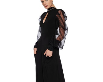 Schwarzer formeller Overall mit weitem Bein, eleganter Maxi-Jumpsuit, Goth-Hochzeitsoverall, alternative Abendgarderobe, Punk in voller Länge, schiere lange Ärmel