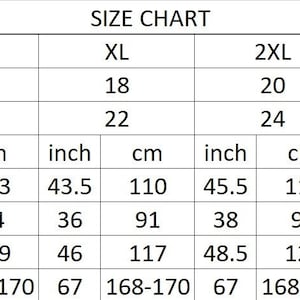 May include: A black and white size chart table with text headers for Standard Size, US Size, UK Size, Bust, Waist, Hips, and Height. The table lists measurements in inches and centimeters for sizes ranging from XS to 6XL, providing a reference guide.