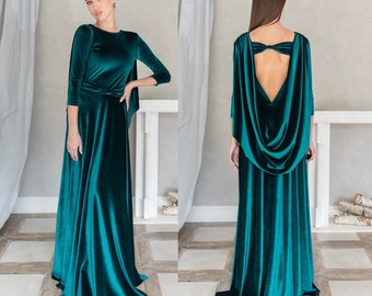 Emerald Green Wedding Guest Dress with Open Back and Bow, Formal Tie Wedding Dress, Cape Low Back Dress, Bridesmaid Dress, Prom Velvet Dress