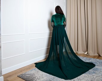 Emerald Green Velvet Maternity Gown with Sequin Sleeves and Chiffon Train, Baby Shower Mini Dress, Custom Made