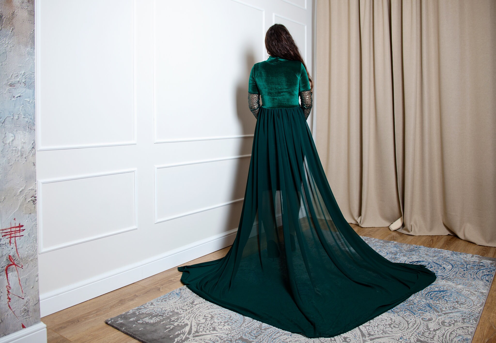 Emerald Green Velvet Maternity Gown, Flowy Cape Photoshoot Dress, Sequin Sleeves Emerald Green Velvet Maternity Gown, Flowy Cape Photoshoot Dress, Sequin Sleeves