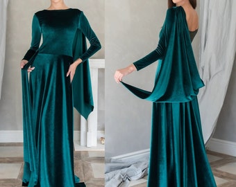 Emerald bruiloft gast jurk, formele stropdas jurk, volledige lengte avondjurk, open rug jurk, jurk met rug drape detail, herfst trouwjurk