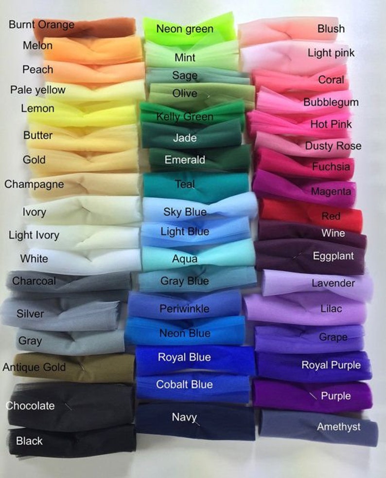 May include: A collection of tulle fabric swatches arranged in three columns, featuring a wide spectrum of colors including burnt orange, neon green, blush, charcoal, sky blue, and purple, each labeled with its corresponding color name.