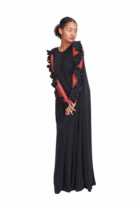 Black Maxi Long Dress, Plus Size Extravagant Sheer Sleeve Gown