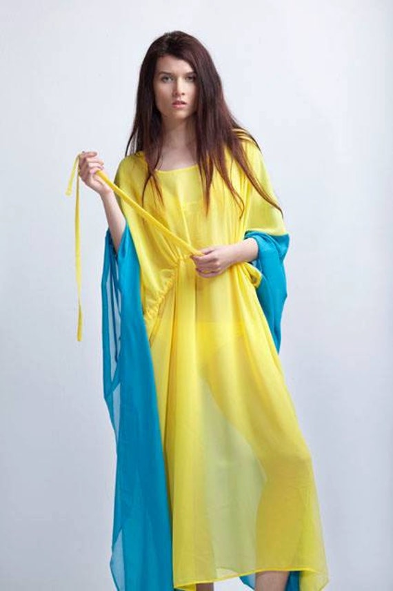 Yellow Beach Kaftan, Bohemian Sheer Chiffon Kaftan Maxi Dress, Plus Size Blue Cover Up