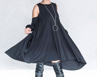 Avant Garde Black Tunic: Open Shoulder Goth Rave Dress