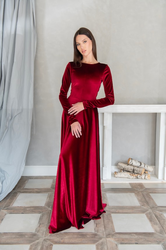 Red Velvet Evening Floor Length Wedding Guest Gown, Open Back Formal Dress With Bows, Long Sleeve Prom A-line Cocktail Dress, Occasion Dress - Etsy Israel Red Velvet Evening Floor Length Wedding Guest Gown, Open Back Formal Dress With Bows, Long Sleeve Prom A-line Cocktail Dress, Occasion Dress - Etsy Israel