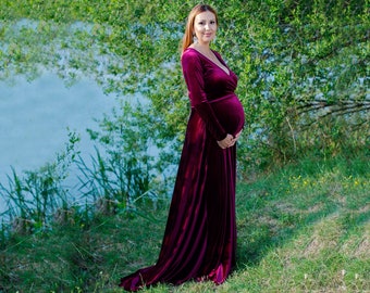 Wine Velvet Maternity Dress for Photo Shoot with Train, A- Line Formal Maternity Gown, Baby Shower Dress, Mommy to Be, Pregnancy Dress