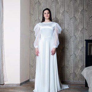 Ivory Wedding Velvet Dress with Sheer Sleeves, Long Bridal Dress with Open Back image 3