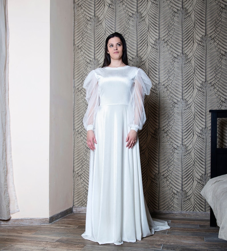 Ivory Wedding Velvet Dress with Sheer Sleeves, Long Bridal Dress with Open Back image 3