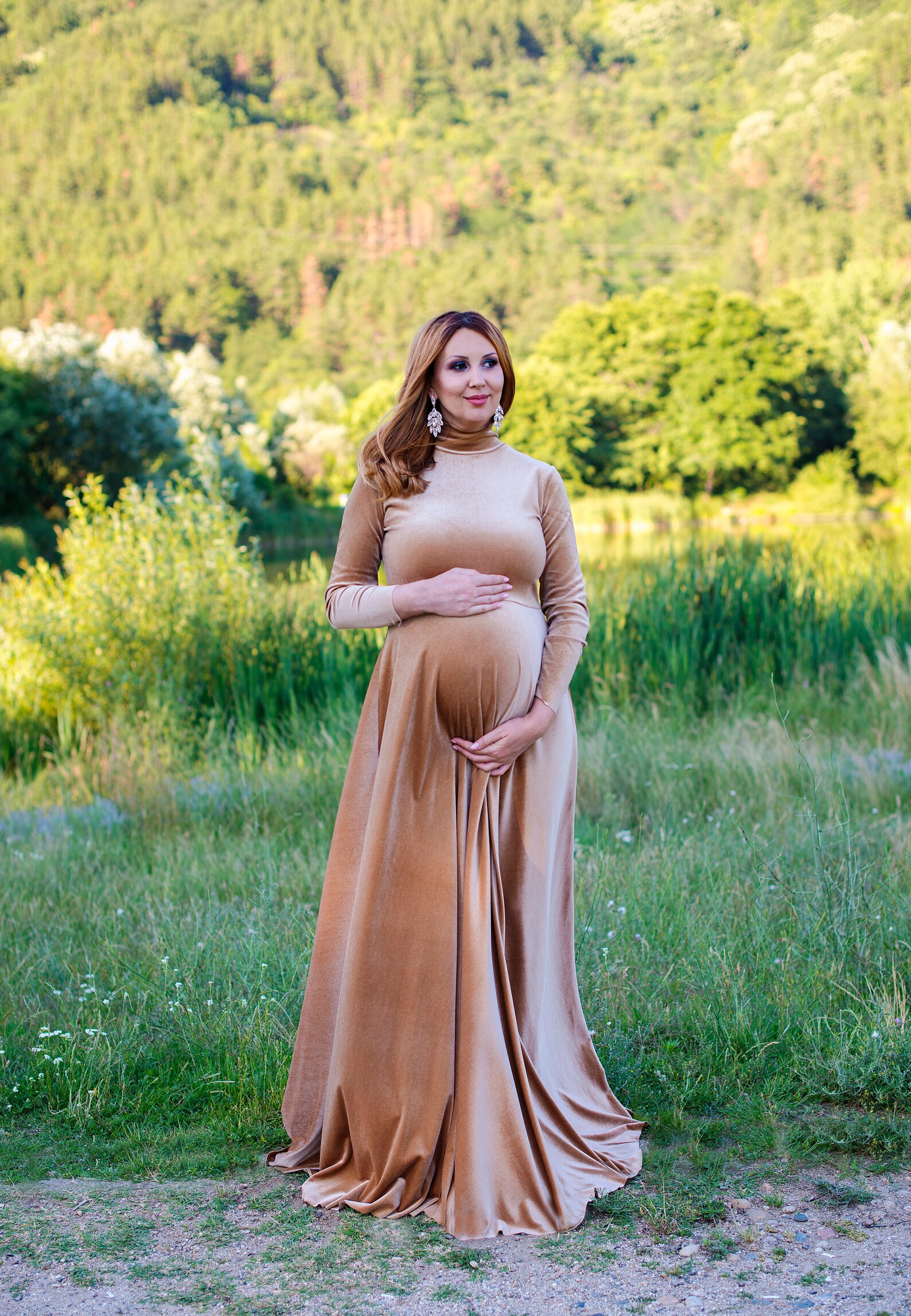 Gold Velvet Dress Long Sleeves Maternity Dress Baby Shower Etsy
