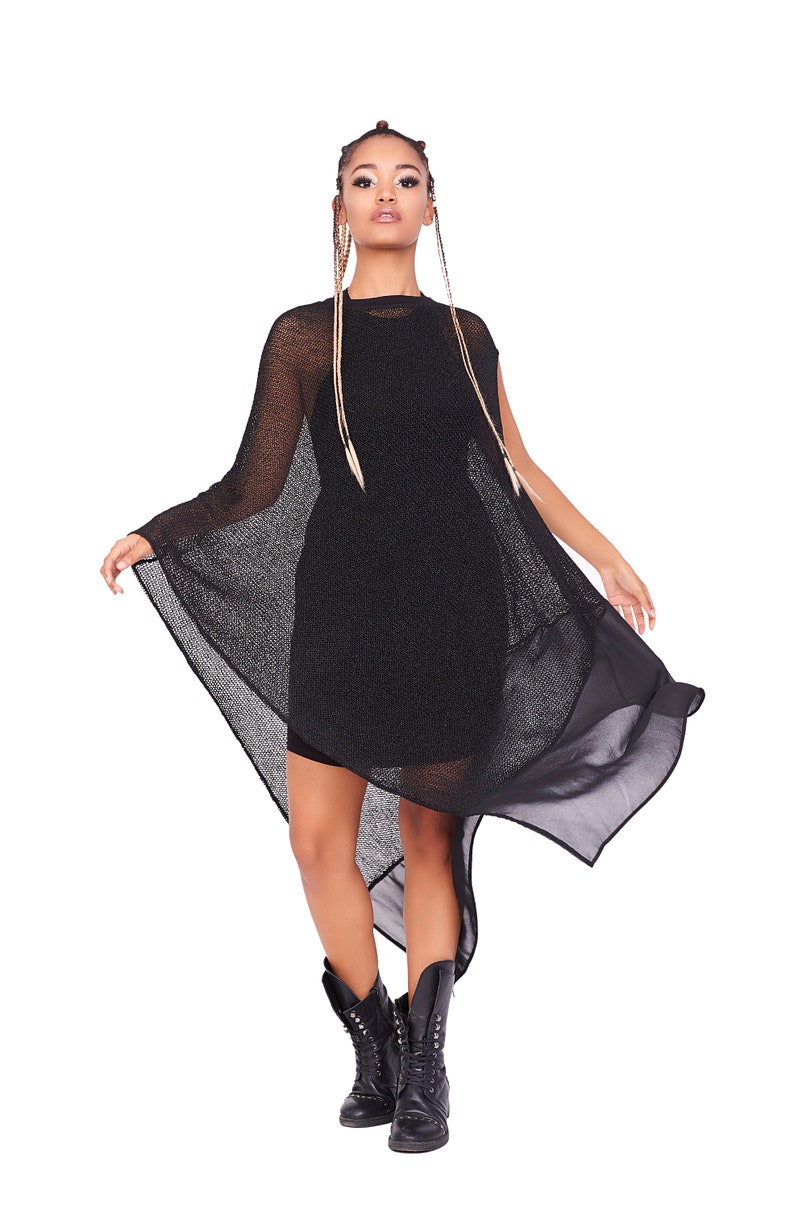 Sheer Maxi Poncho Black Sweater Hand Knit Poncho Plus Size Etsy