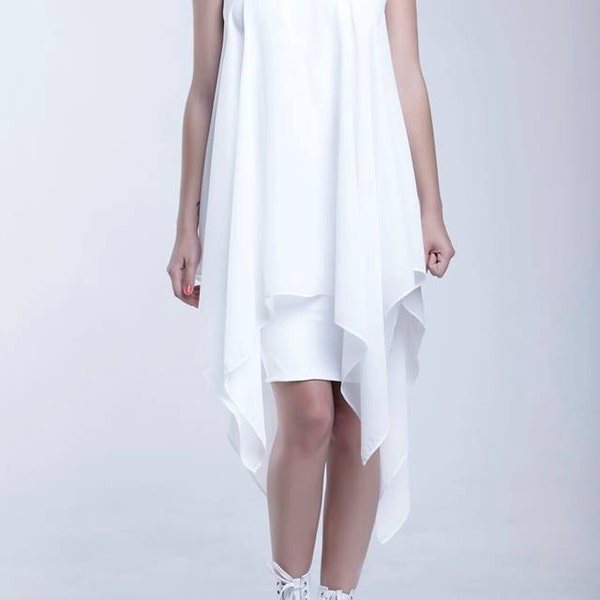 Abito estivo midi in chiffon asimmetrico, per matrimonio in spiaggia in stile boho bianco