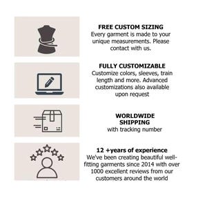 Pu&ograve; includere: Un'infografica con quattro icone e testo. La prima mostra un manichino con un metro a nastro e riporta FREE CUSTOM SIZING. La seconda mostra un portatile con una matita e riporta FULLY CUSTOMIZABLE. La terza mostra una scatola e riporta WORLDWIDE SHIPPING. La quarta mostra una persona con cinque stelle e riporta 12 +years of experience.