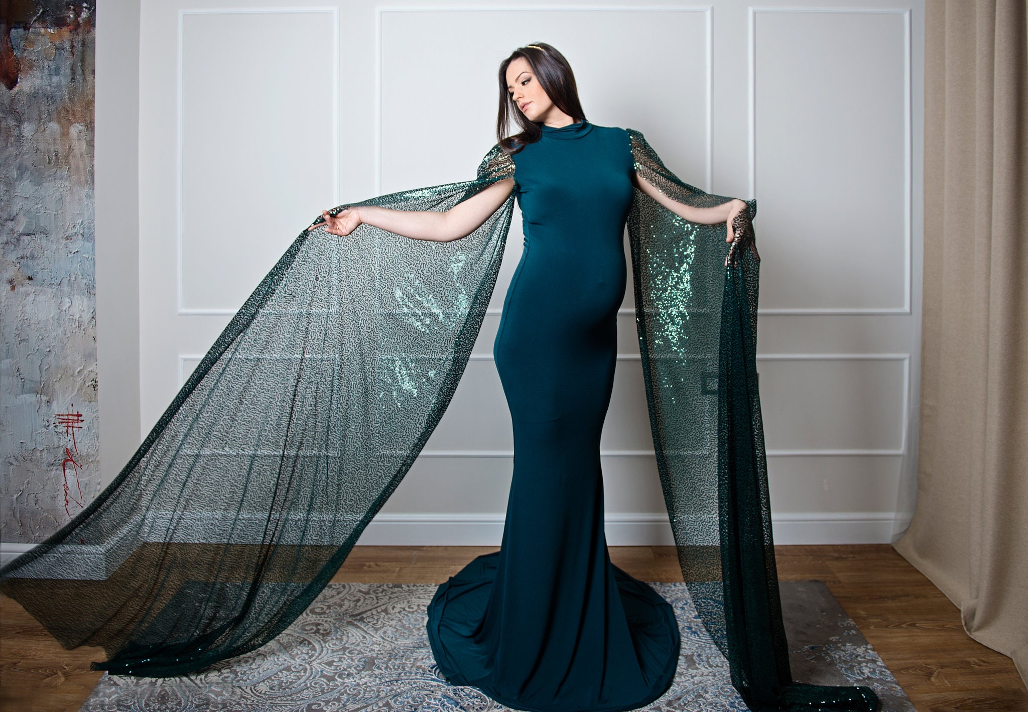 Emerald Green Maternity Gown: Sequined Cape Sleeve Fitted Pregnancy Dress, Custom Made