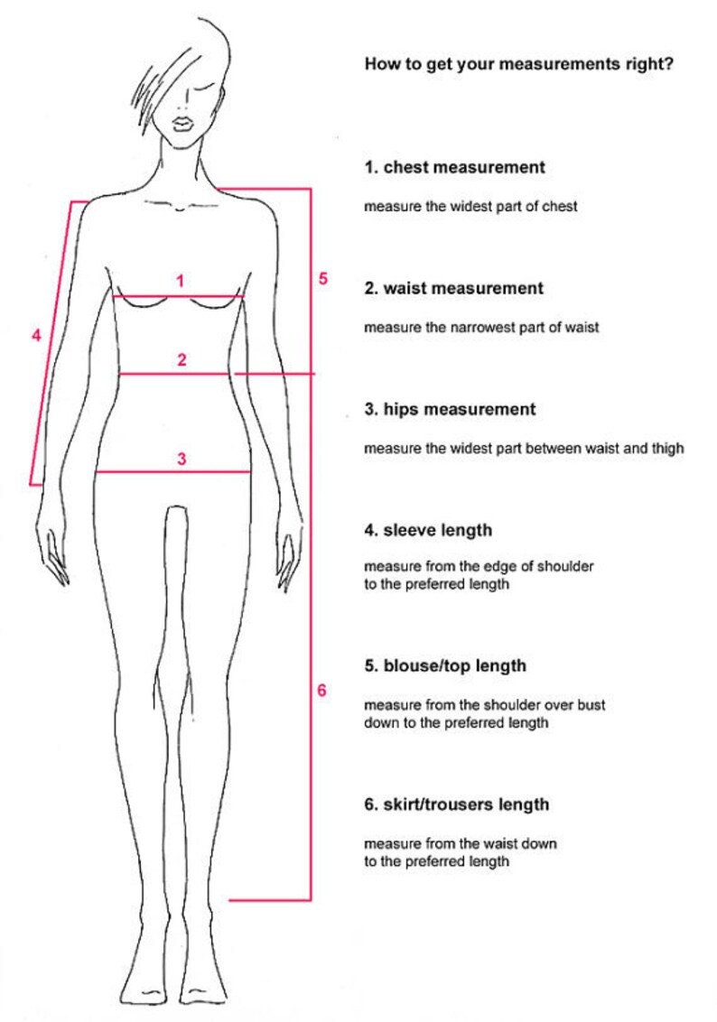 Puede incluir: Dibujo de una persona con instrucciones de medici&oacute;n. El texto dice "&iquest;C&oacute;mo obtener tus medidas correctamente?" con instrucciones para pecho, cintura, caderas, manga, blusa/top y falda/pantal&oacute;n.