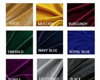 May include: Color chart showing 12 different velvet fabric swatches. The swatches are arranged in a grid of four rows and three columns. The colors are: dusty rose, bright red, wine, gold, mustard, burgundy, emerald, navy blue, royal blue, purple, light gray, black, and white.