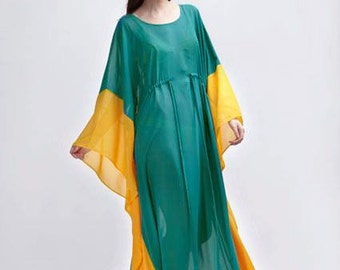 Festival Clothing, Green Maxi Dress, Caftan Dress, Cover Up, Chiffon Cape Dress, Sheer Tunic, Honeymoon Gift, Casual Kaftan, Beach Fashion