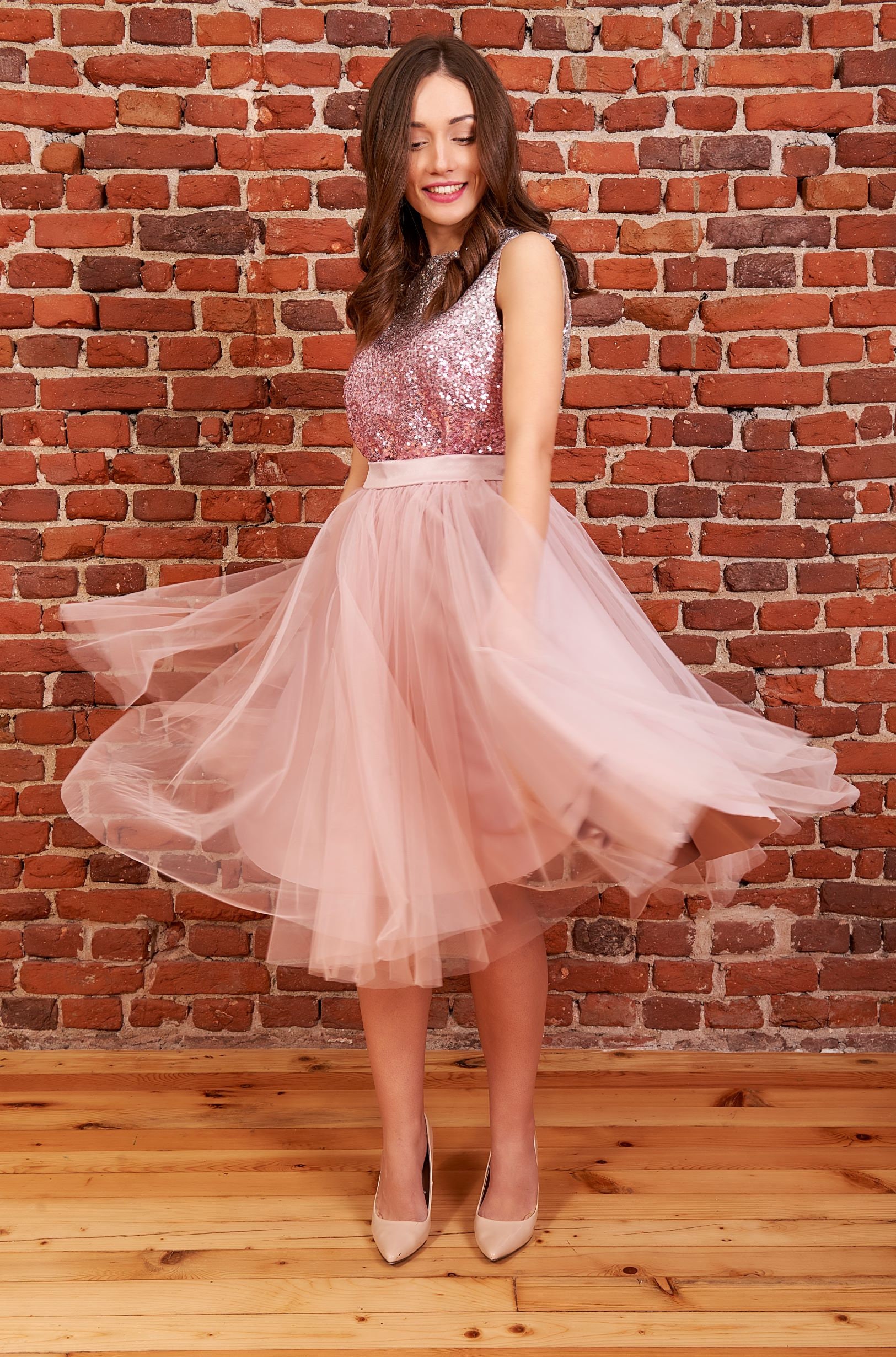 Dusty Rose Tulle Midi Skirt, Romantic A-line, Satin Waistband