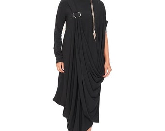 Robe ample en jersey, Robe trapèze noire, Robe d'été légère, Robe grande taille, Robe évasée décontractée minimaliste, Robe unique