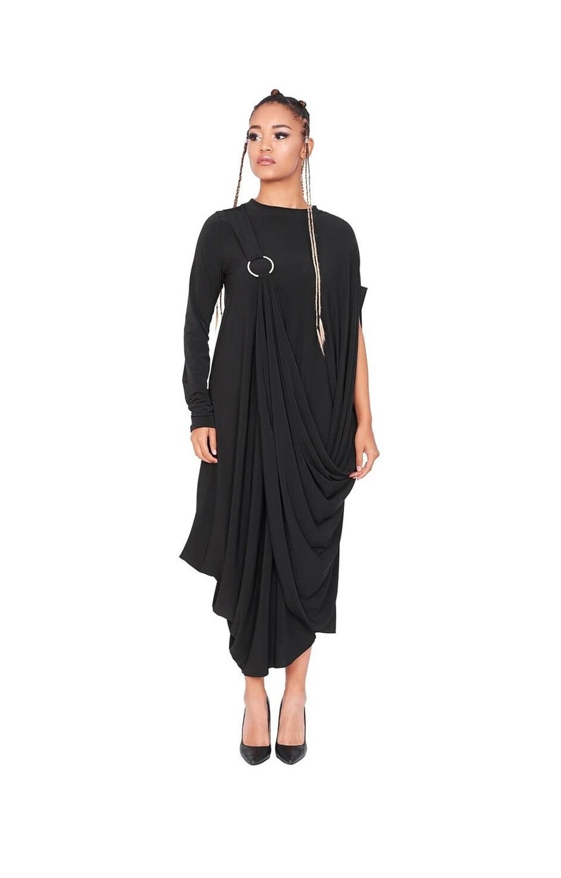 Robe ample en jersey, Robe trapèze noire, Robe d'été légère, Robe grande taille, Robe évasée décontractée minimaliste, Robe unique image 1