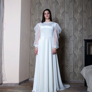 Ivory Wedding Velvet Dress with Sheer Sleeves, Long Bridal Dress with Open Back image 4
