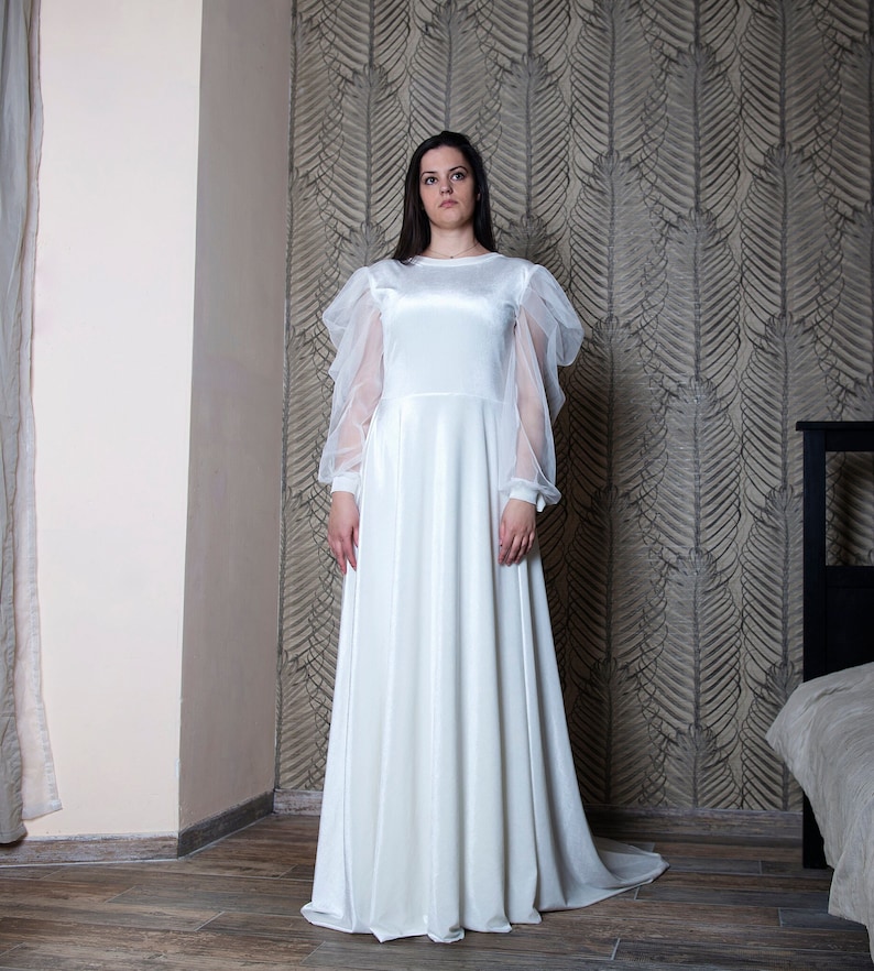 Ivory Wedding Velvet Dress with Sheer Sleeves, Long Bridal Dress with Open Back image 4