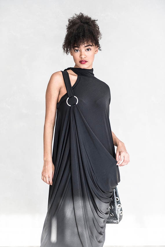 Avant Garde Goth Dress, Black Asymmetrical Draped Dress, Dark Greek Style Dress, Minimal Gothic Clothing, Alternative Fashion