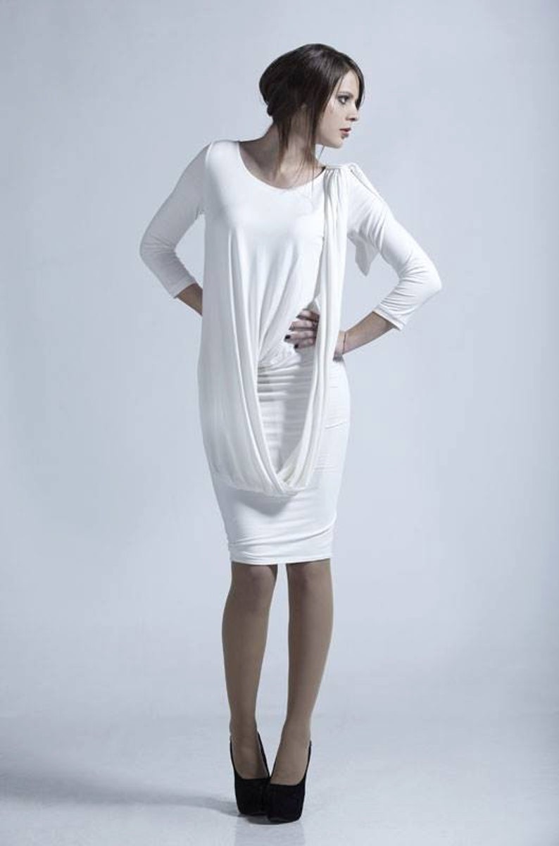 Midi Bodycon Dress, Little White Dress, White Midi Dress, Petite Dress, Alternative Wedding Dress, White Cocktail Dress, Avant Garde Dress image 2