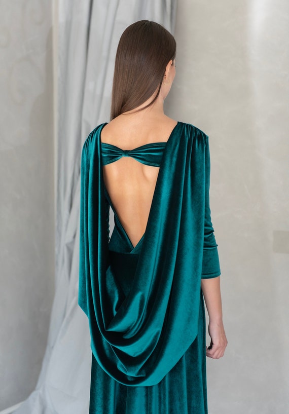 Emerald Green Velvet Formal Gown  Elegant Evening Maxi Dress, Wedding  Guest Dress, Long Sleeve Occasion Dress for Women, Open Back Dress - Etsy