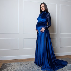 blue dresses for gender reveal Momyknows Pink&Blue Lace Backless Side Slit Gender Reveal Cute Maternity Maxi Dress, AS SHOWN / M