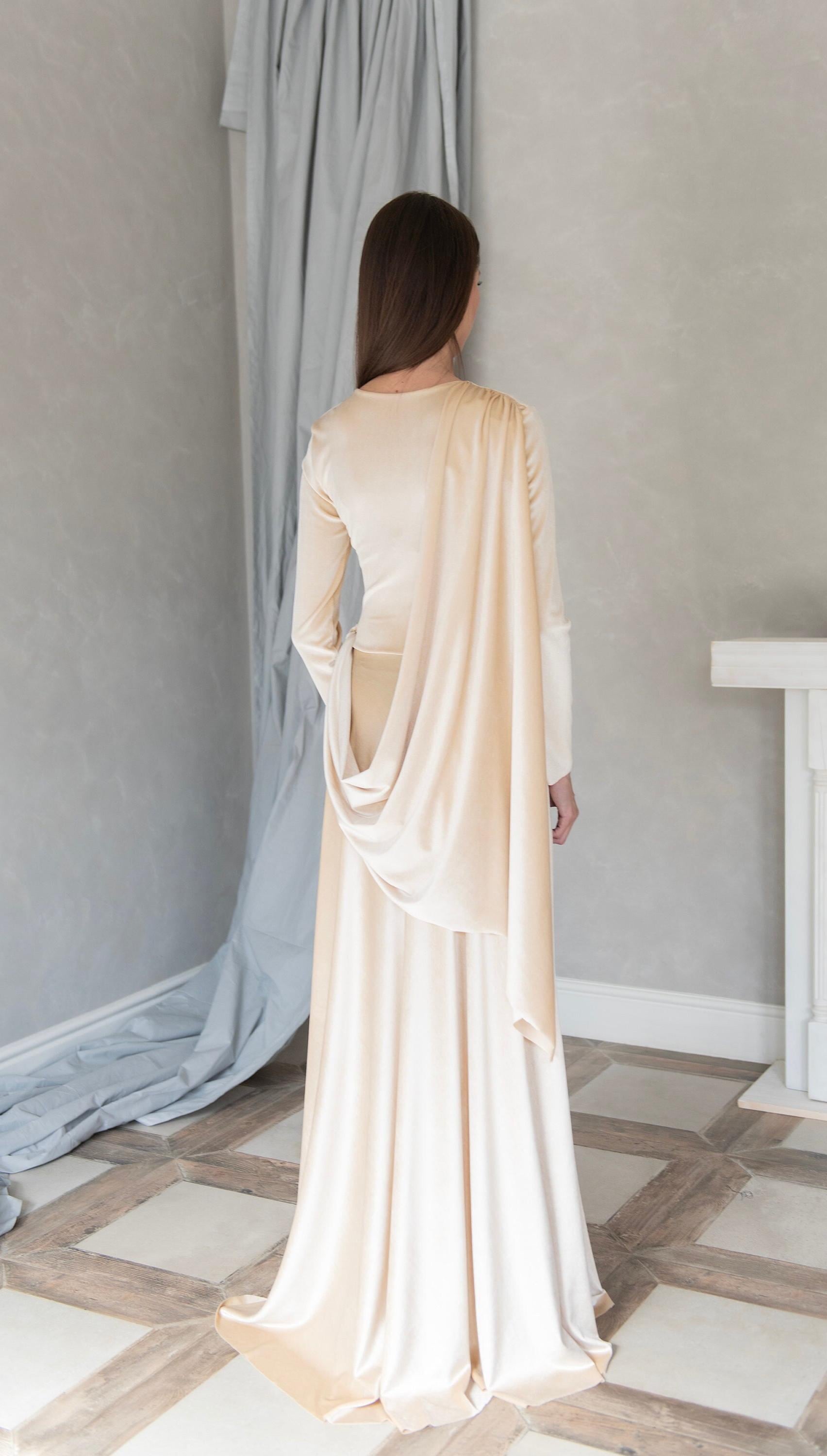 Champagne Velvet Gown, Long Sleeve A-Line Formal Dress, Handmade