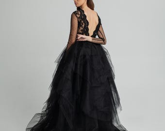 Falda de novia de tul negro, vestido de novia de corte princesa largo hasta el suelo con cintura alta