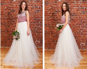 Sleeveless Sequin Wedding Dress, Bridesmaid Dress, Sequin Bridesmaid, Bridal Tulle Gown, Pink Sequin Dress, Boho Wedding, Flower Girl