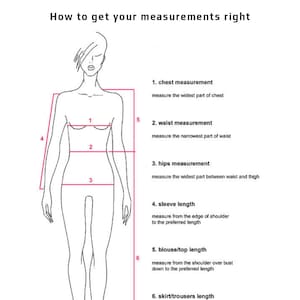 May include: A size chart and measurement guide featuring a black and white line drawing of a figure. The chart includes US, EU, and UK sizes with bust, waist, hip, and height measurements in inches and centimeters. Text includes How to get your measurements right.