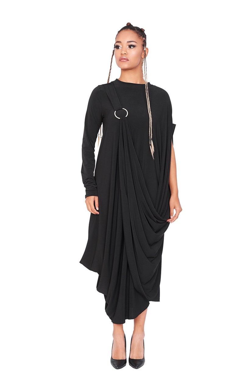 Robe ample en jersey, Robe trapèze noire, Robe d'été légère, Robe grande taille, Robe évasée décontractée minimaliste, Robe unique image 2