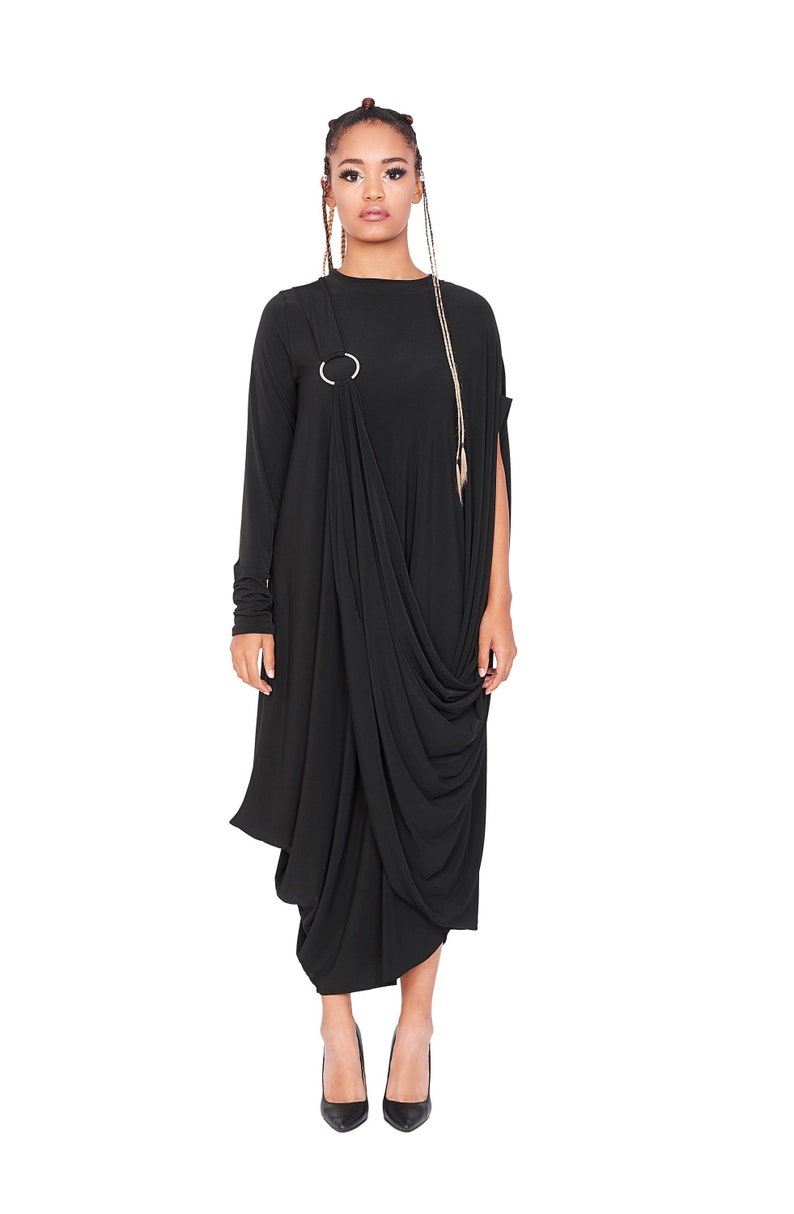 Robe ample en jersey, Robe trapèze noire, Robe d'été légère, Robe grande taille, Robe évasée décontractée minimaliste, Robe unique image 3