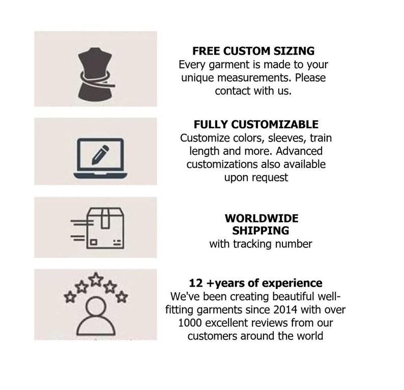 May include: An infographic with four icons and text. The first shows a dress form with a measuring tape and reads FREE CUSTOM SIZING. The second shows a laptop with a pencil and reads FULLY CUSTOMIZABLE. The third shows a box and reads WORLDWIDE SHIPPING. The fourth shows a person with five stars and reads 12 +years of experience.