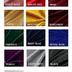 May include: Color chart showing 12 different velvet fabric swatches. The swatches are arranged in a grid of four rows and three columns. The colors are: dusty rose, bright red, wine, gold, mustard, burgundy, emerald, navy blue, royal blue, purple, light gray, black, and white.